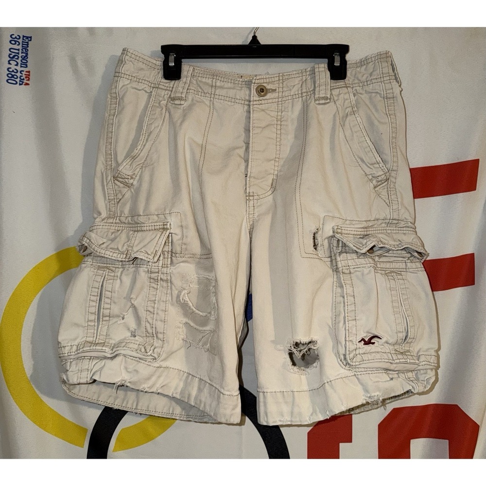 Hollister Cargo Shorts Mens 30 Khaki Y2K Vintage Distressed Button Fly